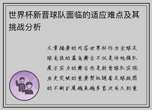 世界杯新晋球队面临的适应难点及其挑战分析